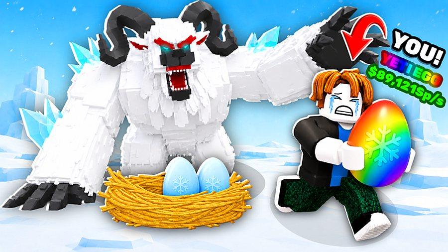 A Yeti guarding a nest of blue eggs in the Snow biome while a player flees with a rainbow Yeti Egg