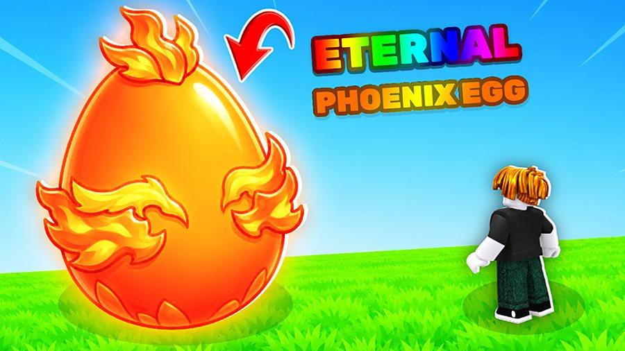 A giant flaming Eternal Phoenix Egg sitting on grass next to a small Roblox character